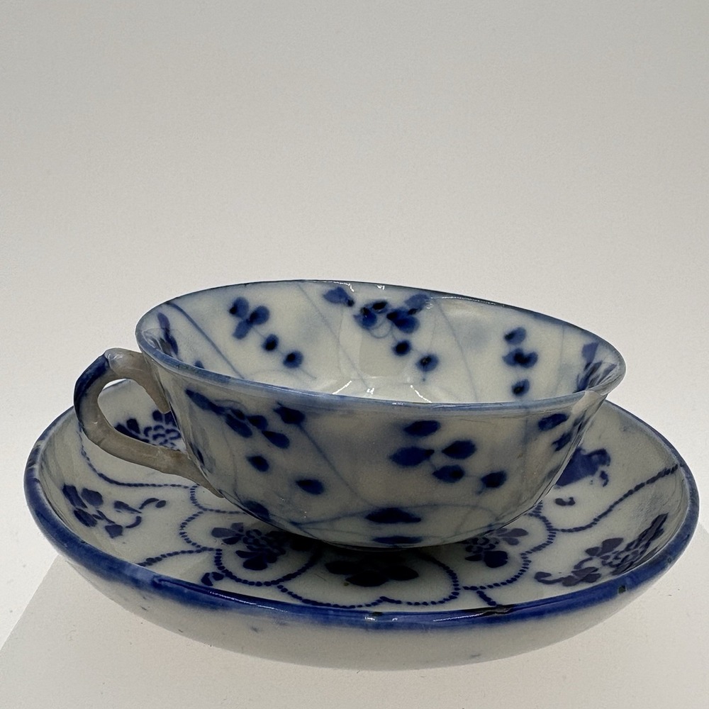 Antique Flow Blue Demitasse Cup & Saucer‎ Hand Painted Asian Porcelain Floral